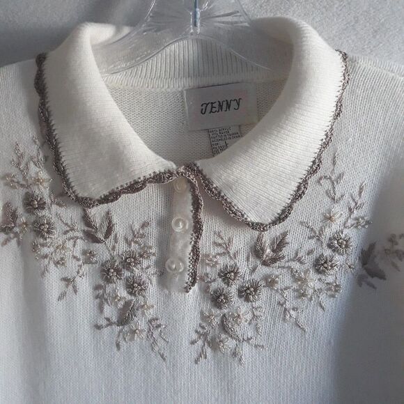 Jenny Sweater Womens Large Off White Grannycore Floral Embroidered Beads - Picture 3 of 10